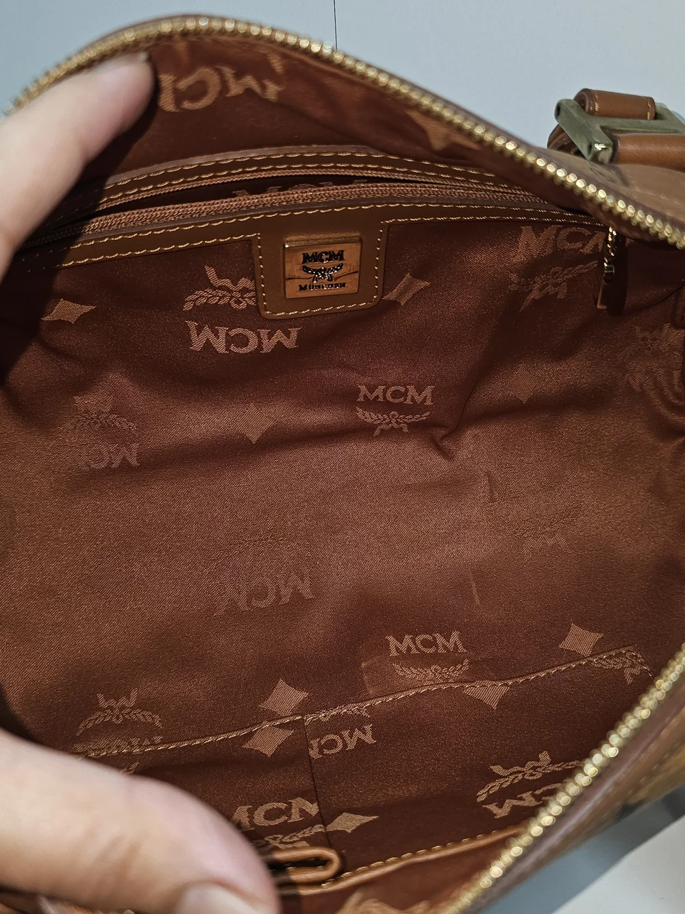 MCM Cognac Visetos Barrel Satchel Bag